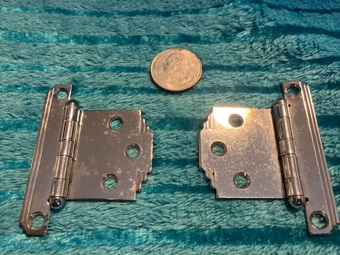 2 Matching Open Box? Vintage 40s Deco Stepped Chrome Metal Cabinet Hinges Cover