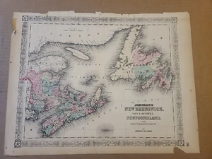 Johnson's 1864 Large colored map of New Brunswick Newfoundland, Nova Scotia, PEI - Picture 1 of 5