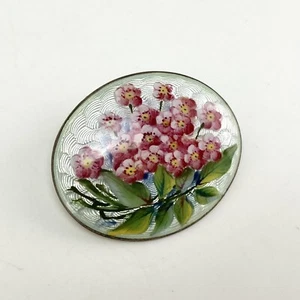Antique Vintage 935 Silver Painted Flowers Guilloche Enamel Brooch Norwegian ? - Picture 1 of 8