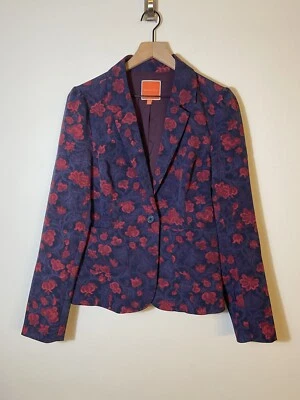 Modcloth Blue Purple Multi Color Floral Brocade Ruffle Peplum Blazer Jacket Sz L - Image 1 of 4