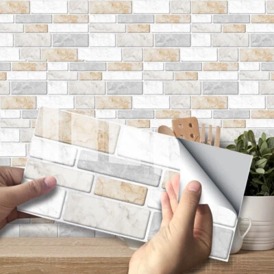 9pcs White Beige Marble Mosaic Adhesive Bathroom Kitchen Wall Tile Stair Sticker - Image 1 of 4