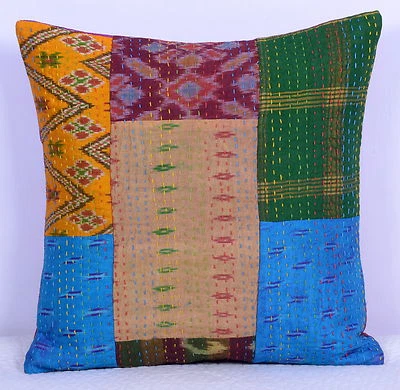 Indian Traditional Decor Pillow Kantha Patchwork Antique Cushion Cover Throw 16" - Image 1 of 4