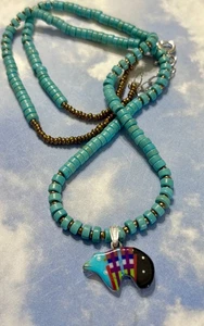 NAVAJO Sterling Silver BEAR Micro-cut Coral Lapis 925 Pendant Turquoise Necklace - Picture 1 of 3
