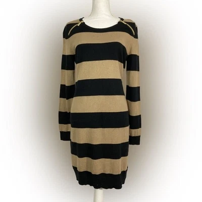 Michael Kors Dress Women’s L Black Tan Striped Knit Sweater Long Sleeve - Image 1 of 4