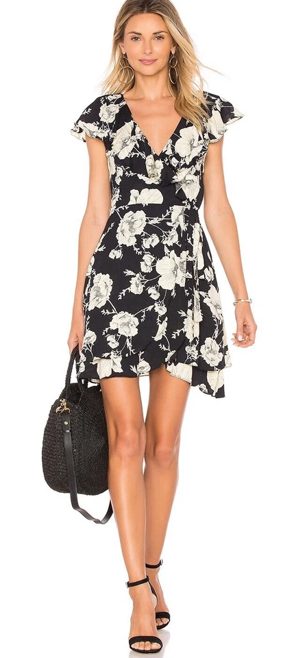 People XS Wrap Dress Womens Black Ivory French Quarter Print OB778956