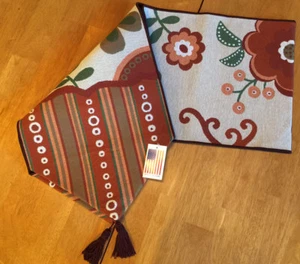 Riley Art Deco Flowers Stripes & Dots Rust/Orange 72"L Tapestry Table Runner  - Picture 1 of 2