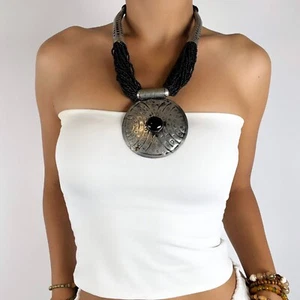 Vintage Y2K Beaded Silver Medallion Necklace - Artsy Bohemian Hippie Jewelry - Picture 1 of 5