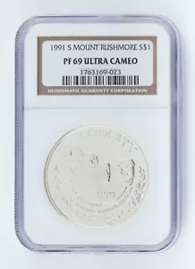 1991-S S$1 Mount Rushmore Silver Commemorative NGC PF69 Ultra Cameo - Picture 1 of 4