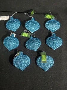 New ~ 8 Bright Turquoise Dimentional Glitter Christmas Tree Plastic Ornaments - Imagen 1 de 5