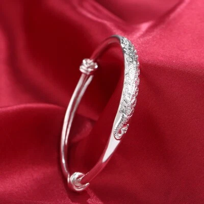 925 Versilbert Pfau Blume Offen Manschette Kristall Glänzend Armband Geschenk - Bild 1 von 4