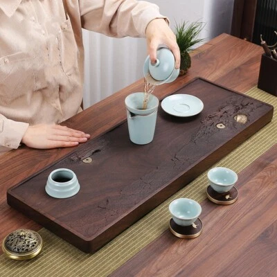 Ebony Wood Tea Tray Complete Whole Wooden Table Water Draining Handmade Carved - Image 1 of 4