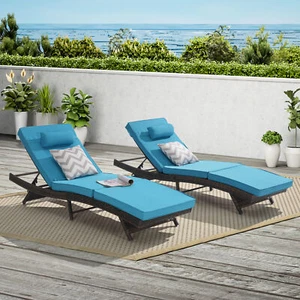 2 Set Outdoor Rattan Chaise Lounge 5 Position Adjustable Patio Chairs Light Blue - Picture 1 of 4