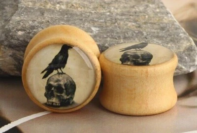 Odin's Raven on Skull pagan Bird Wood Double Flare Earplug Wooden Earring Plugs - Image 1 of 4