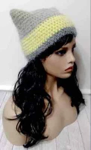 crochet womans handmade hat kitty cat ears beanie yellow gray USA - Picture 1 of 2