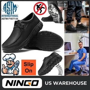 NINGO Men Slip Resistant Work Shoes Slip On Waterproof Chef Food Service Loafers - Picture 1 of 24