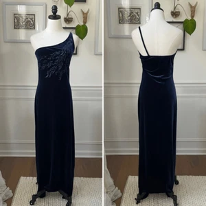 Vintage 90s Pulse Sapphire Blue Stretchy Velvet One Shoulder Gown M - Picture 1 of 7