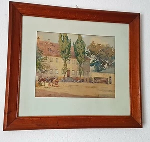 1920 Aquarell Deutschland Kaiserreich Gebäude Pferde Kinder Schule signiert alt - Bild 1 von 12