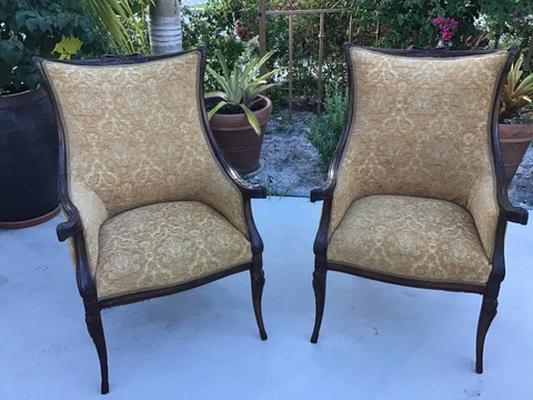 Pair of Antique Carved Mahogany Bergere Armchairs Cover