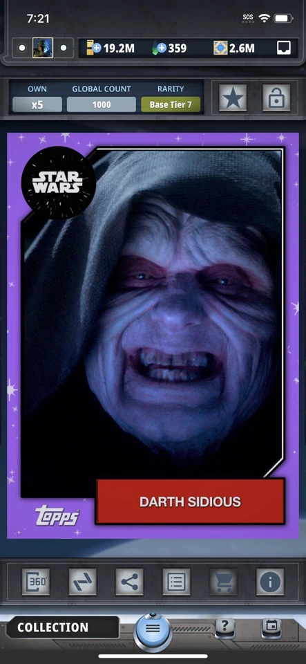 Topps Star Wars Digital Card Trader Tier 7 - Purple Darth Sidious - 2019 Base - Image 1 of 1
