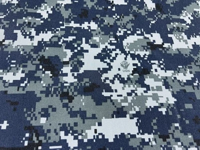Navy Digital Camo Taffeta Soft Polyester Fabric 60”  Military Camo W/Logo - Image 1 of 3