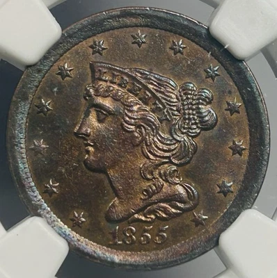 1855 Braided Hair Half Cent Coin NGC UNC Details Cleaned (Choice UNC Toned) - Image 1 of 4