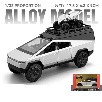 1:32 Tesla Cybertruck & Cyber Bike Car Toy Models WORKING LIGHTS & SOUNDS silver - Image 1 of 4