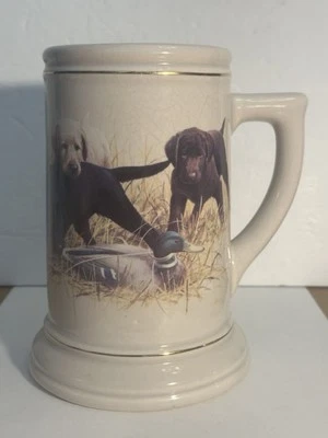 "Taza de café de cerámica vintage Duck Hunters Stein - 6,5"" - Borde dorado - Perros de caza" Foto 1 de 4