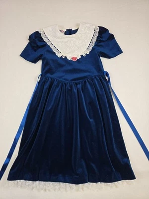 Vestido Vintage Emily West Azul Terciopelo con Cuello de Encaje Niñas Talla 10 Foto 1 de 4