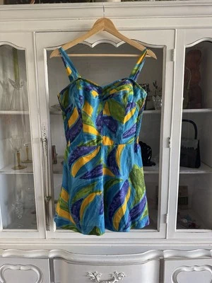 Vintage 1950s B Altman Hawaiian Blue Floral Smocked Nylon Swim Playsuit Romper - Image 1 of 4