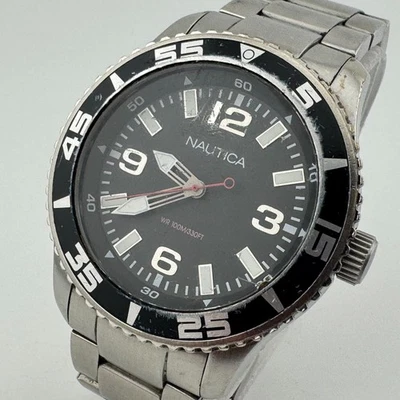 Nautica Quartz Watch N11554G Men 100m Silver Black Fixed Bezel New Battery 6.75" - Image 1 of 4