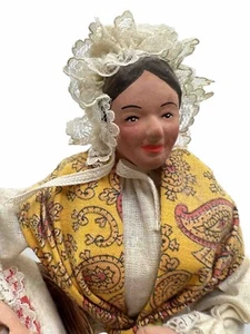 Folk Art Figurine w Wooden Stand 10" Vintage Handmade Clay European Decor  - Afbeelding 1 van 11