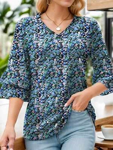 Womens Tops 3/4 Ruffle Sleeve Shirt Casual V Neck Pleated T Shirt Loose Blouse - Picture 1 of 19