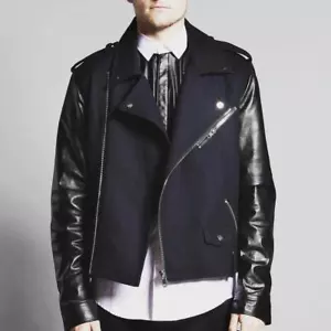ACNE STUDIOS AW3 Cassady Leather Moto Jacket Mens 50 Black Navy Blue Wool Biker - Picture 1 of 23