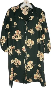 West Kei Blouse Size Large Top Shirt 3/4 Sleeves Floral Button Up Dark Green - Picture 1 of 12