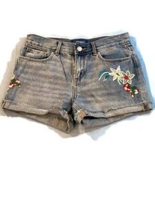 OLD NAVY Denim Shorts Distressed Embroidered Adjustable Waist Girls Size 14 - Picture 1 of 7