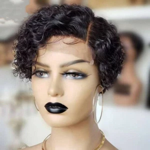 Kinky Curly Remy Human Hair Wigs Pixie Cut T part Lace Front Glueless Curly Wigs - Picture 1 of 8