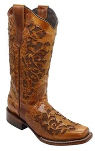 Ladies Genuine Leather Grace Square Toe Inlay Cognac Boots Handcrafted Quality - Picture 1 of 5