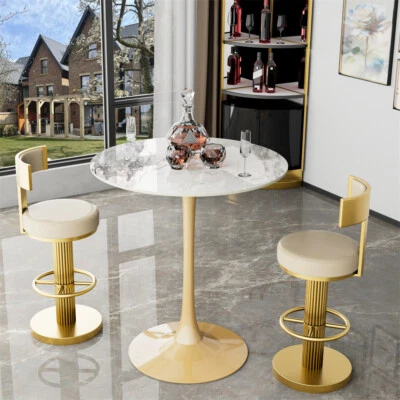 39.4" H Bar Table Height Kitchen Breakfast Table Marble Top Heavy Metal Pedestal - Image 1 of 4