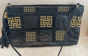 Vtg Park Avenue Black Leather Clutch Gold Embellished Studded Tassle Purse USA - Picture 1 of 4