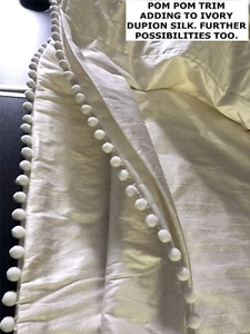 SILK CURTAINS FABRIC SAMPLE. IVORY DUPION POM POM TRIM. PENCIL PINCH EYELET. BAY - Picture 1 of 12