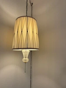 MCM Swag Lamp Geo crystal Gold Chain Hollywood Regency Pinch Pleated Shade - Picture 1 of 9