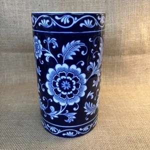 Vintage Pier 1 Imports Mandarin Utensil Holder Vase Floral Cobalt Blue White - Picture 1 of 5