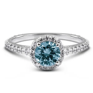 1.32ct Blue SI1 Round Natural Certified Diamonds 18k Gold Halo Side Stone Ring - Picture 1 of 10