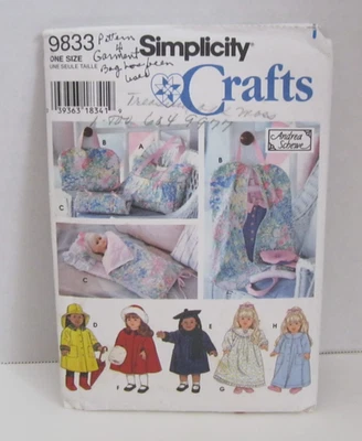 Simplicity 9833 Clothes, Tote, Doll-Sized Garment Bag Pattern For 18" Doll Used - Image 1 of 2