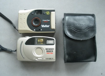 2 cameras Minolta Memory Maker, Vivitar Focus Free PN 2011 35 mm & Nikon case - Image 1 of 4