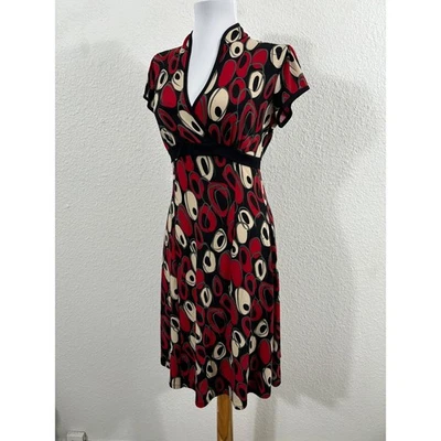 Y2K Faux Wrap Dress Geometric Red Black Tan Short Sleeve Polyester Blend - Image 1 of 4