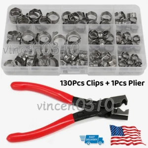 100X Assorted Hose Clamp Stainless Steel Ear Cinch Rings Crimp Pinch Set Pliers - Picture 1 of 16