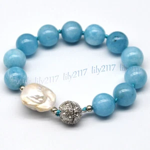 Natural Blue Aquamarine Round Gemstone Beads White Keshi Baroque Pearl Bracelet - Picture 1 of 11