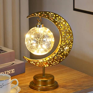 Moon Table Lamp Battery Operated Crescent Lamp Half Moon Light Retro Metal Ramad - Picture 1 of 12