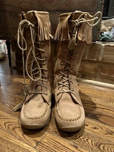 Damen L.L. Bean hellbraun Wildleder Leder Mokassin Stil Fransen Stiefel Größe 8 - Bild 1 von 7
